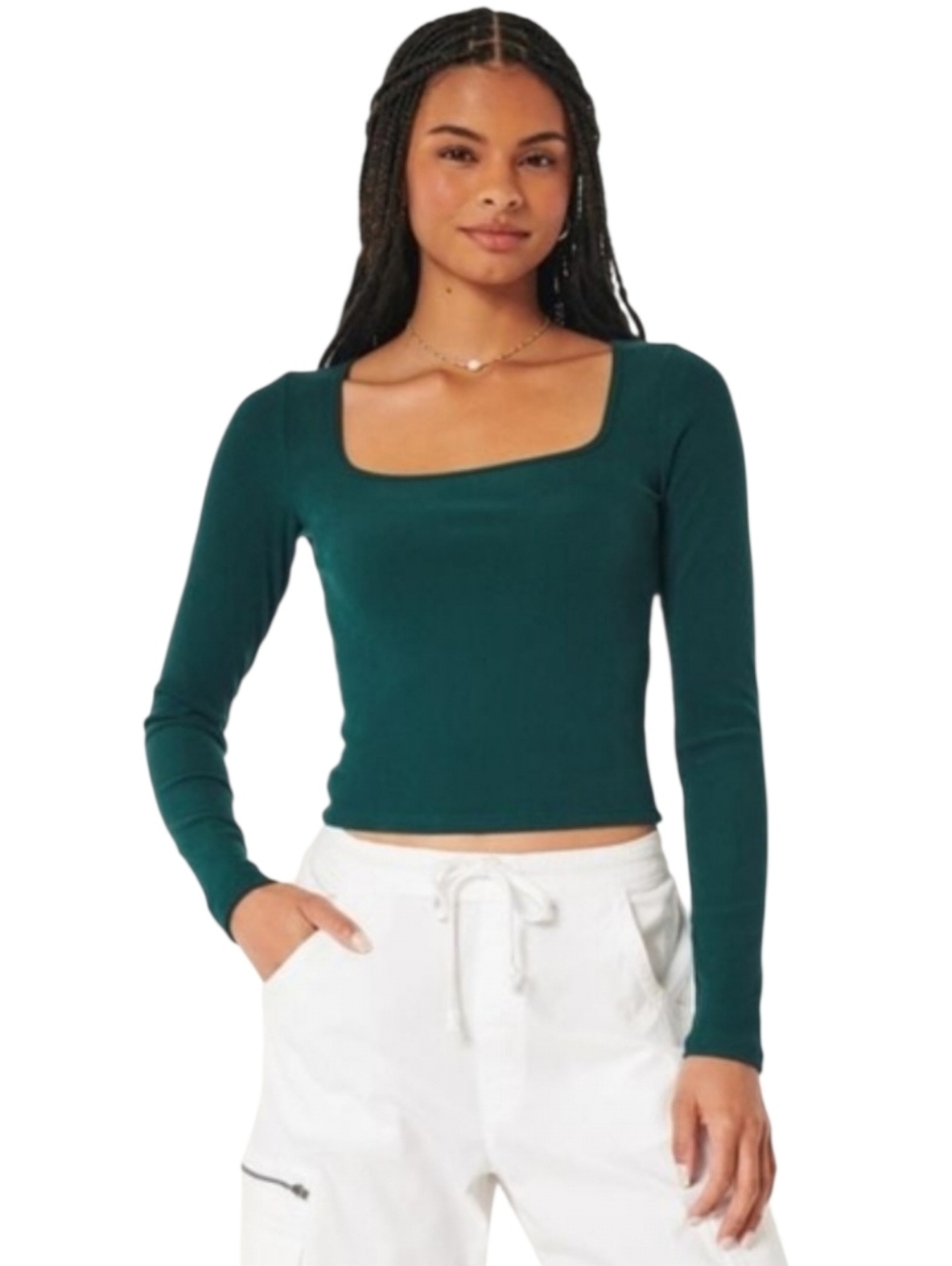 Hollister Green Long-Sleeved Soft Stretch Fabric Square Neck Top Women's Small